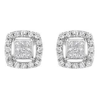 .925 Sterling Silver 1/2 Cttw Round and Princess-Cut Diamond Stud Earrings (I-J Color, I1-I2 Clarity) For Sale