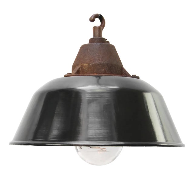 Vintage Industrial Black Enamel Pendant Lights in Cast Iron and Clear Glass For Sale