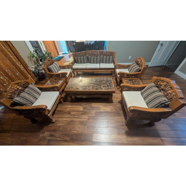 Pure Forest Teakwood Highly Engraved Thailand Living Room 8-Piece Antique Furniture With Glass Tops , Pillows and Cushions Included in Addition For Sale In Salt Lake City - Image 6 of 11