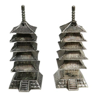 1940s Sterling Silver Pagoda Tower's Salt & Pepper Shakers For Sale