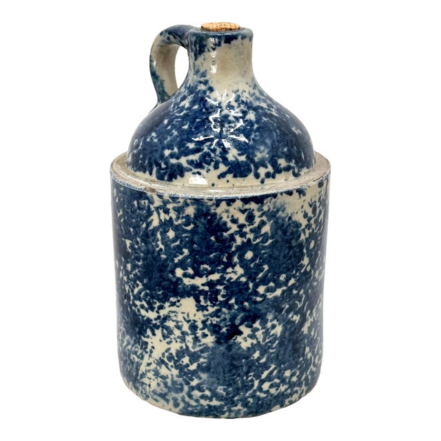Very Rare Antique American 1 Gallon Size Blue Spongeware Decorated Stoneware Spirits Jug - Circa 1900 For Sale