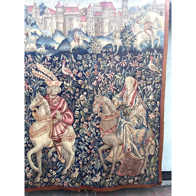Textile 19th-Century Wool and Silk Tapestry — Medieval Courtly Scene For Sale - Image 7 of 13