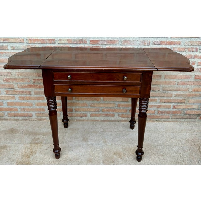 Wood Drop-Leaf Side Table With Two Drawers, 1930s For Sale - Image 4 of 15