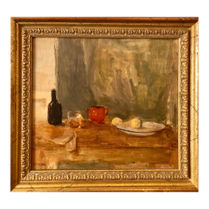 Seymour RemenickSeymour Remenick Still Life Table Scape Oil Painting with Bottle and Fruit