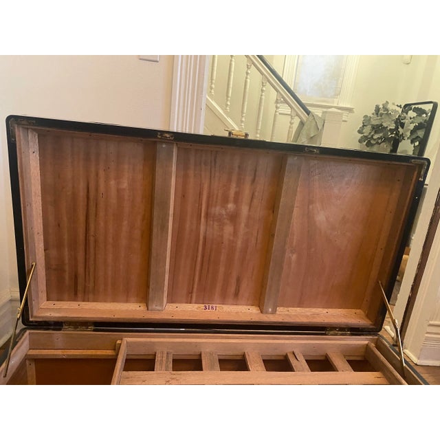 Vintage Black Lacquer Chinoiserie Wedding Chest With Mother of Pearl Inlay Sailboats and Island Scenes For Sale - Image 10 of 13