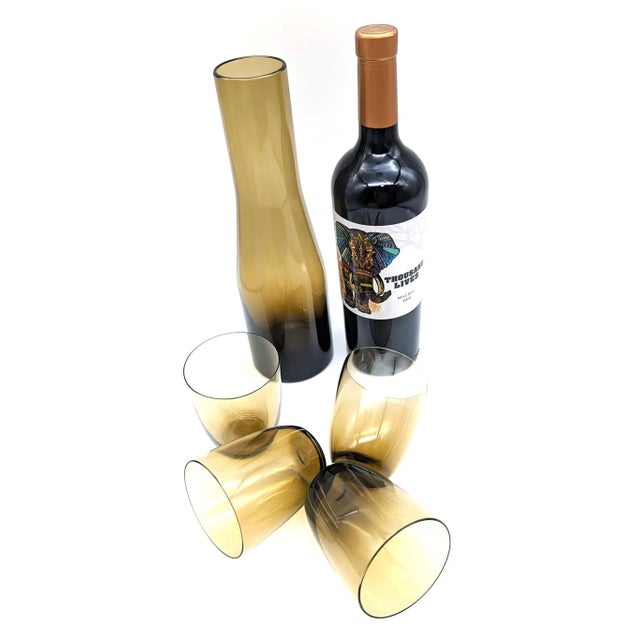 Late 20th Century Vintage Scandinavian Smoke Brown Blown Glass Carafe and Tumblers, Set of 5 For Sale - Image 5 of 10