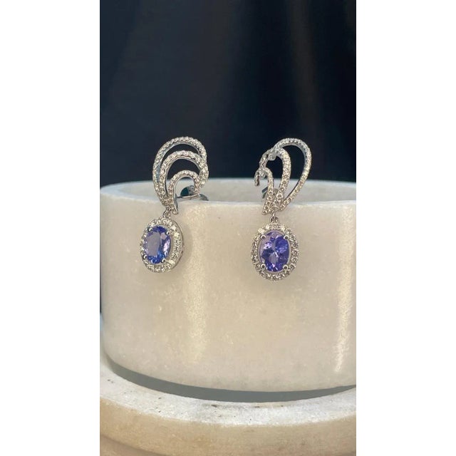 1.98 Carat Tanzanite and Diamond Climber Drop Earrings in 14k White Gold- 2 Pieces For Sale In New York - Image 6 of 13