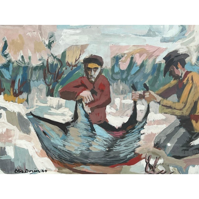 American Otis Dozier Modern Early Texas Western Wilderness Landscape Scene of Two Men and a Hog, 1944 For Sale - Image 3 of 7