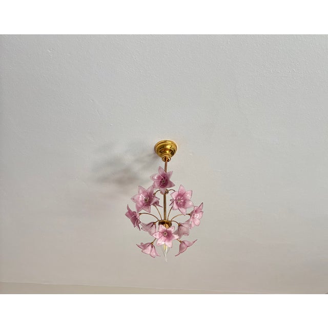 Vintage Italian Murano Style Hand-Painted Pink Floral Pendant Light, Romantic Glass Blossom Chandelier, Dramatic Ceiling Shadow Display For Sale - Image 11 of 17