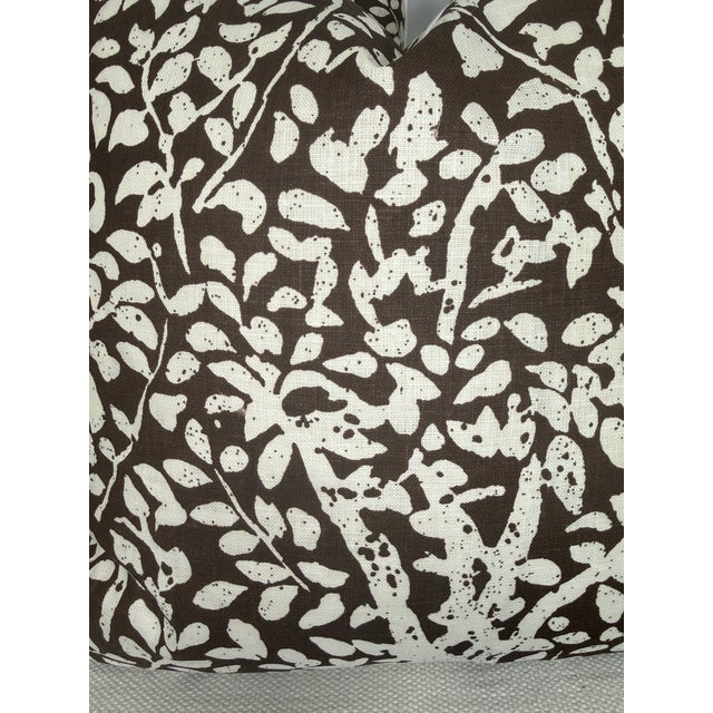 Custom pair of 22" pillows covered in China Seas "Arbre De Matisse Reverse" in brown on tint linen fabric. These pillows...