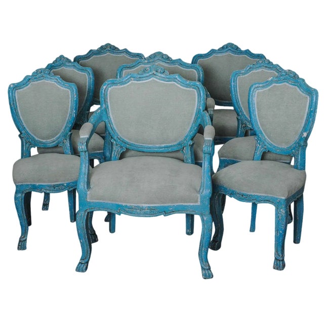 Dining Chairs with Azure Blue Patina, Set of 6 For Sale
