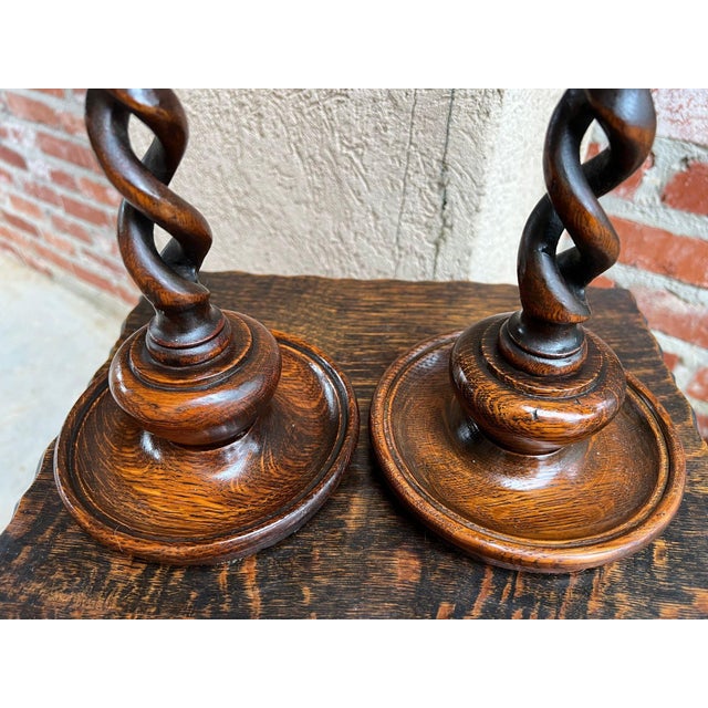 Brown Antique English Oak Open Barley Twist Candlesticks Jacobean Pair C1890 11.0” For Sale - Image 8 of 18