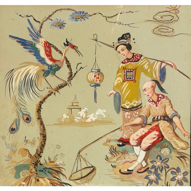 Art Deco Antique Chinoiserie Gouache Painting in Art Deco Frame For Sale - Image 3 of 3