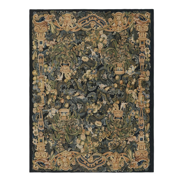 Rug & Kilim’s Armorial Tudor Style Rug in Black, With Beige, Blue and Gold Tones For Sale