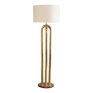 Mid-Century Tubular Polished Brass Accent Floor Lamp With Walnut Base For Sale