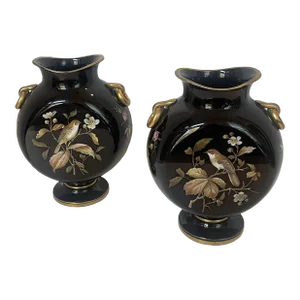 Pair of Late 19th Century Victorian Ebony Bristol Glass Vases