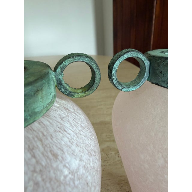 Metal Pair of Scavo Murano-Style Glass Vessels Bud Vases Pink Verdigris Metal Handles For Sale - Image 7 of 18