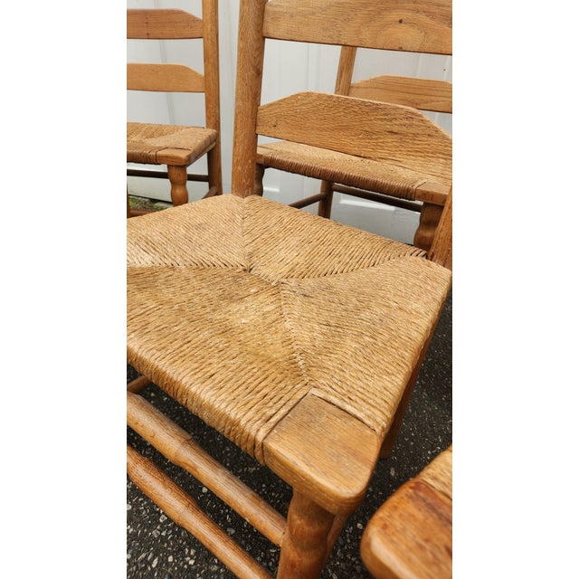 Vintage Set of 10 Light Oak Ladder-Back Rush Seat Dining Chairs For Sale - Image 13 of 18