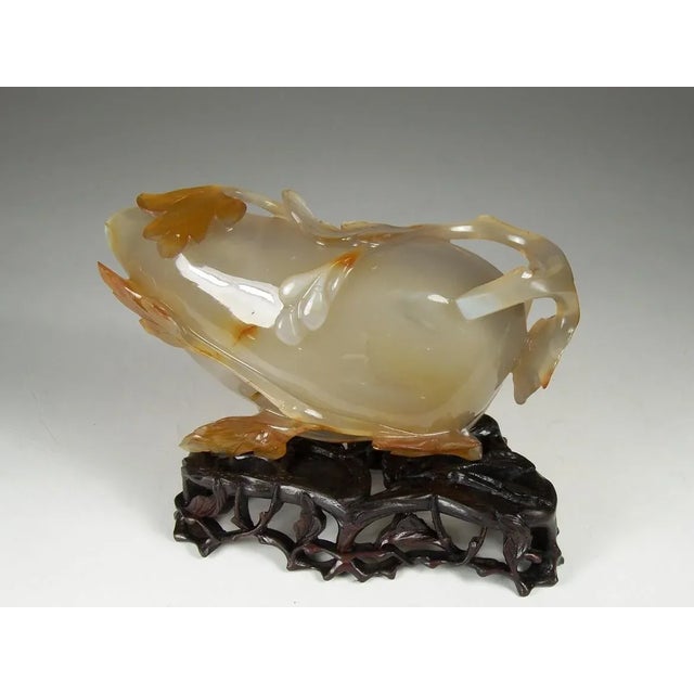 Late Qing Carved Agate Lotus Brush Washer With Zitan Stand For Sale - Image 9 of 11