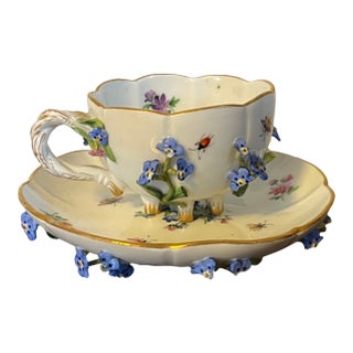 Antique Meissen Porcelain Tea Cup and Saucer With Applied Flowers and Hand Painted Insects For Sale