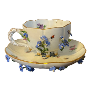 Antique Meissen Porcelain Tea Cup and Saucer With Applied Flowers and Hand Painted Insects