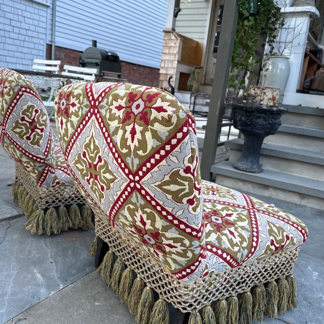 Mid 19th Century Antique French Pair Tapestry Tassels Fringe Slipper Chairs For Sale - Image 5 of 6