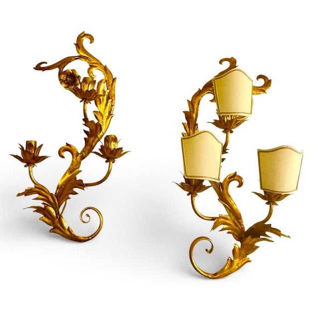 Large Florentine Gilt Wall Lamps attributed to Bianci, Italy, 1970s, Set of 2 For Sale - Image 9 of 10