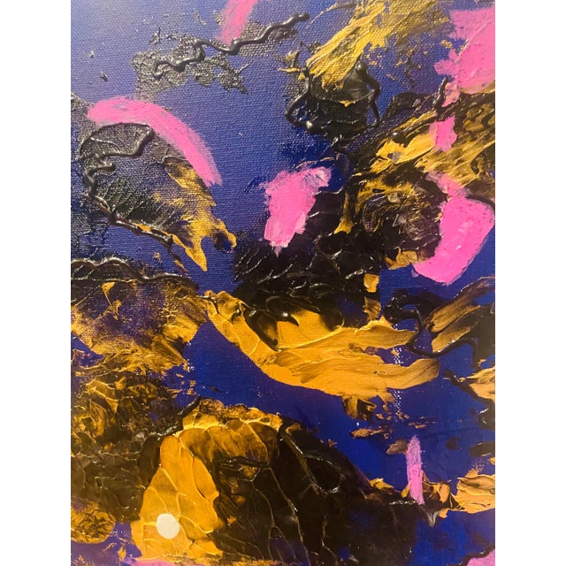 Acrylic paint abstract painting signed C Kraemer, lower left. Magenta and gold hues on navy background. Street art style...
