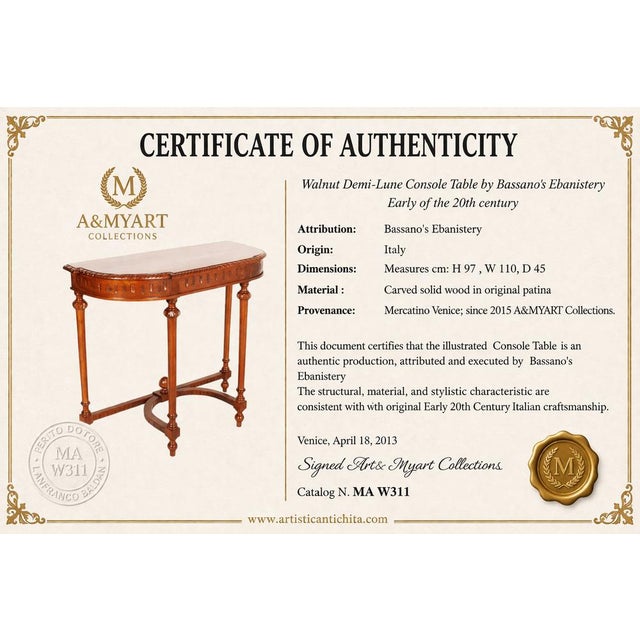 Wood Wax-Polished Walnut Demi-Lune Console Table attributed to Bassanos Ebanistery, 1920s For Sale - Image 7 of 8