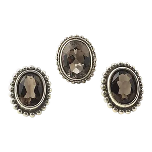 Stephen Dweck Smoky Topaz Sterling Silver Clip-On Earrings and Ring Set - 3 Pieces