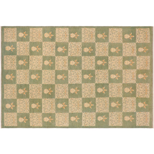 1990s 1990s Classic Sun Faded Green/Beige Hand Knotted Wool Rug - 9'8" X 13'5" For Sale - Image 9 of 10