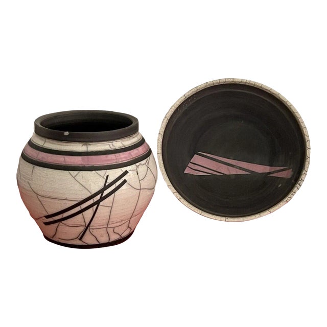 1980s Studio Art Pottery Postmodern Signed Skip Abstract Raku Ceramic Vessel Bowl - Set of 2 For Sale