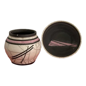 1980s Studio Art Pottery Postmodern Signed Skip Abstract Raku Ceramic Vessel Bowl - Set of 2