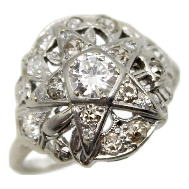 1920s Art Deco 14k White Gold Order of the Eastern Star Diamond Ring, Size 7.75 For Sale