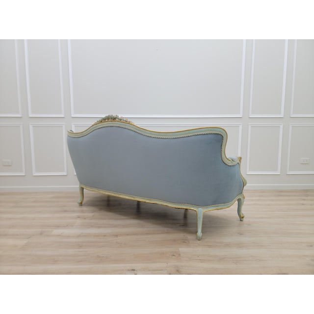 1970s 1970s Sky Blue Tufted French Provincial Sofa | Hand-Painted Floral Trim, Louis XV Style Settee For Sale - Image 5 of 12