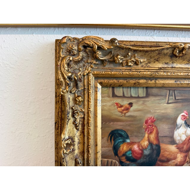 Brown Vintage Signed Rooster and Chickens Oil Painting Farmyard Hen Scene, Gold Frame For Sale - Image 8 of 12