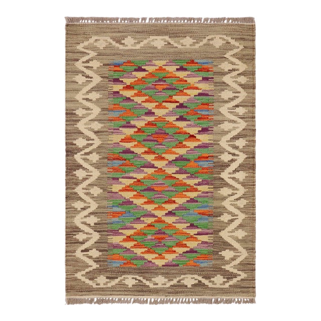 Bohemian Kilim Gray Beige Hand-Woven Wool Rug For Sale