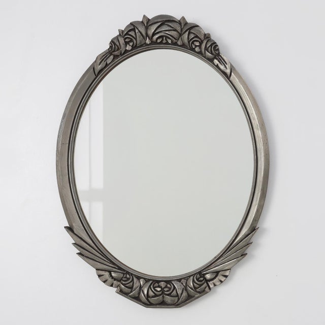 Art Deco French Oval Mirror with Carved Roses and Silver-Painted Frame, 1920s For Sale - Image 11 of 11