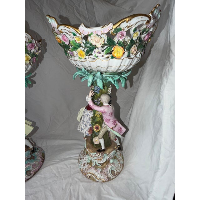 Meissen Porcelain Monumental Pair of Meissen Rococo Figural Compotes With Applied Floral Garlands, Circa 1900 For Sale - Image 4 of 15