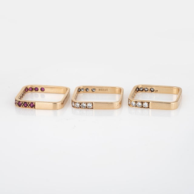 Mid 20th Century 14k Yellow Gold Diamond Ruby Square Stacking Rings ...