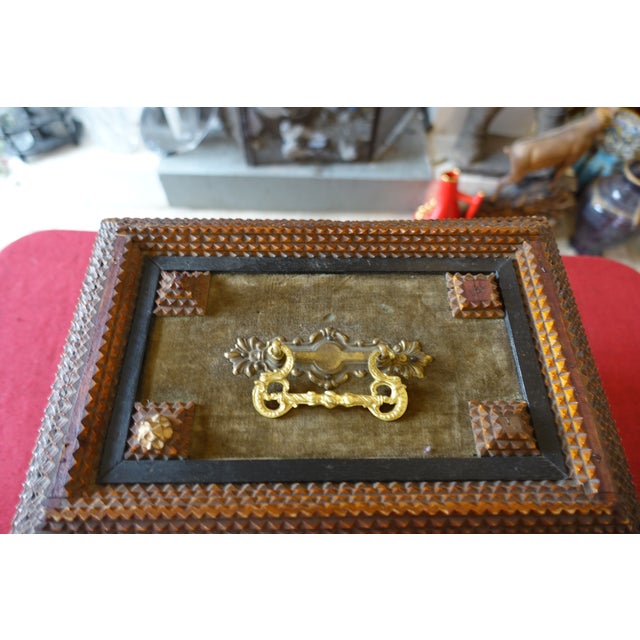 Superb large Tramp Art box, exceptionally well-made likely a wedding box with numerous decorative repurposed elements very...