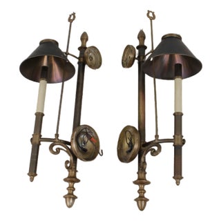 1970s Traditional Chapman Lighted Sconces W. Tole Shades - a Pair For Sale
