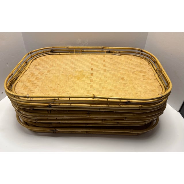 Mid 20th Century Set of 10 Vintage Bamboo & Woven Rattan Serving Trays, Organic Modern Coastal Entertaining Collection For Sale - Image 5 of 6