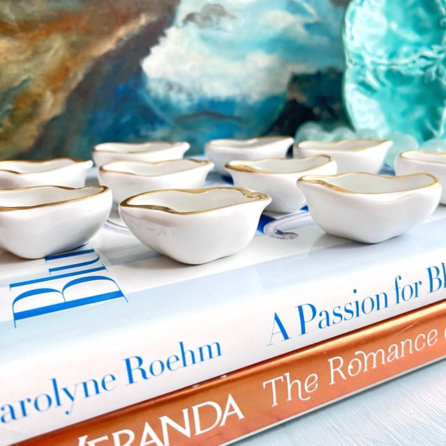 Contemporary Vintage White Ceramic Shell Salt Cellars With Gold Rims - Set of 10 For Sale - Image 3 of 10