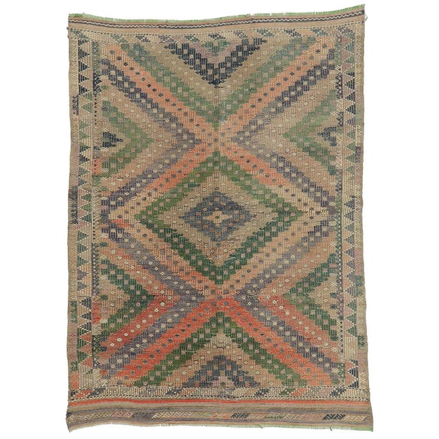 Textile Mid 20th Century Embroidered Faded Embroidered Kilim Rug For Sale - Image 7 of 7
