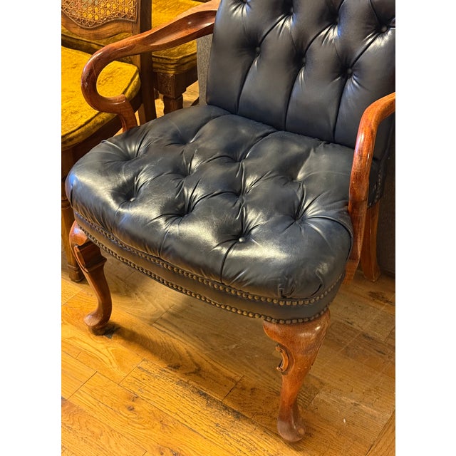 Queen Anne Style Tufted Blue Leather Armchair, Vintage For Sale - Image 14 of 14