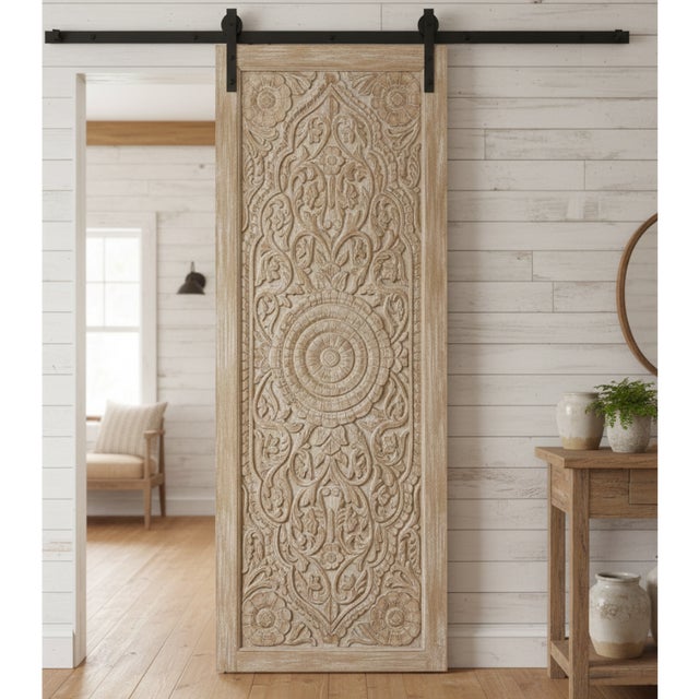 Wood Vintage Double-Sided Lotus Carved Sliding Door in Reclaimed Wood | Barn Door 96x36 For Sale - Image 7 of 7