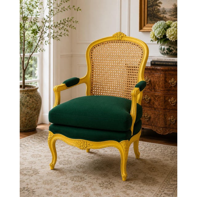 French Mid 20th Century French Louis XV Caned Bergère Armchair — Canary Yellow Frame With Emerald Green Cushion Cover For Sale - Image 3 of 3