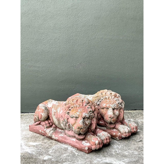 Rustic Vintage Cast Cement Garden Lion Figures - Pair For Sale - Image 3 of 12