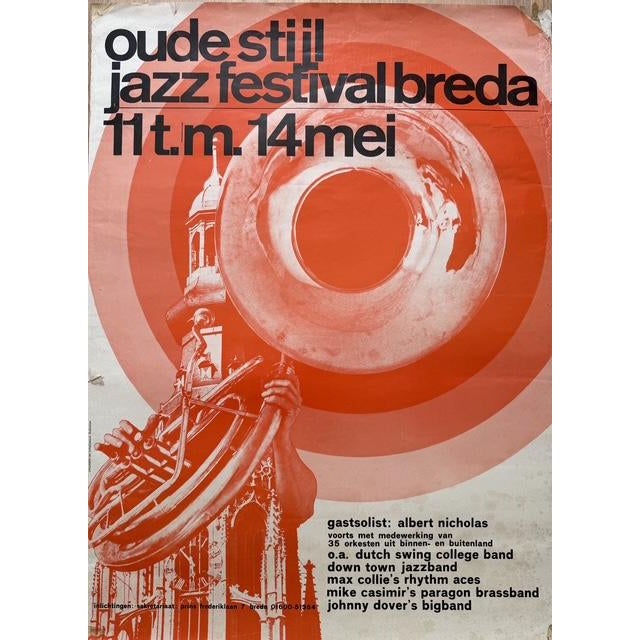 Vintage poster for the Oude Stijl Jazz Festival Breda, a Dutch event celebrating traditional (“old style”) jazz such as...